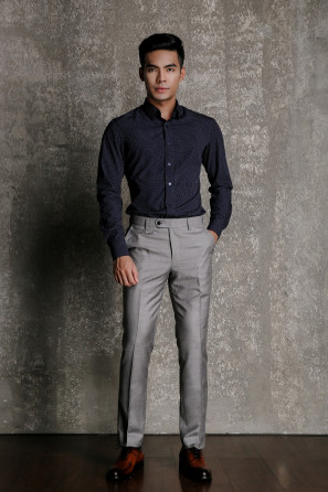 Blue Black Polka Dots Shirt With Light Gray Trousers
